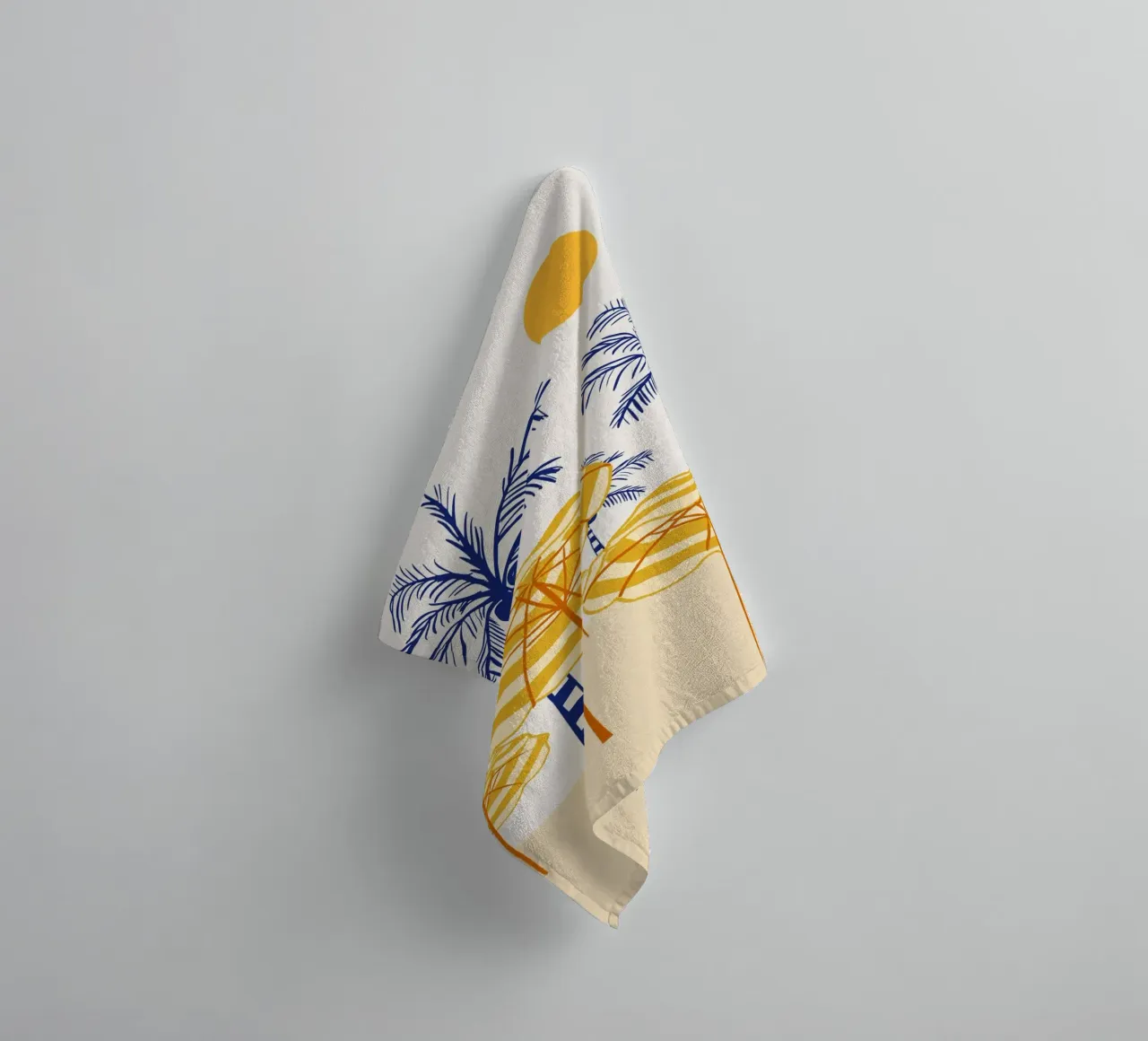 Retro Yellow Beach Vibes – Palms, Umbrellas & Surfboards towel by EDMPROJECT