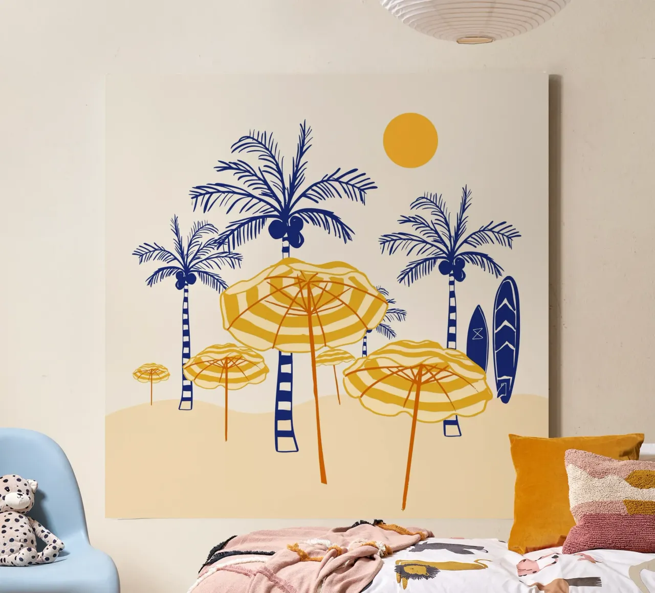 Retro Yellow Beach Vibes – Palms, Umbrellas & Surfboards canvas by EDMPROJECT