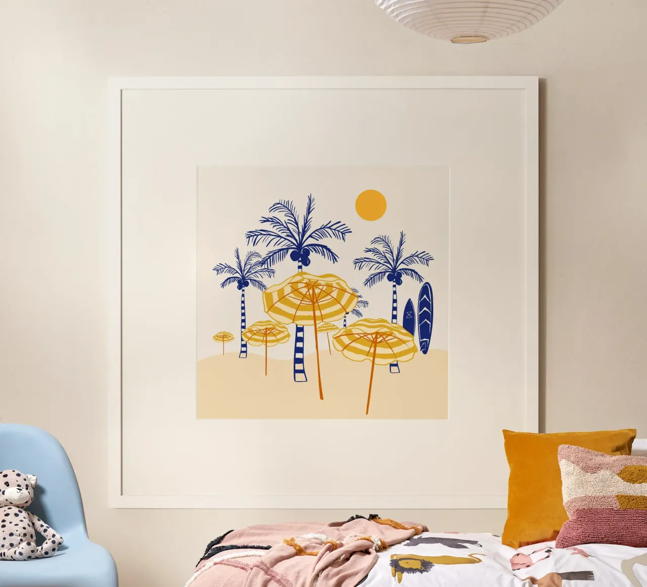 Retro Yellow Beach Vibes - Palmen, Sonnenschirme und Surfbretter Hahnemühle von EDMPROJECT