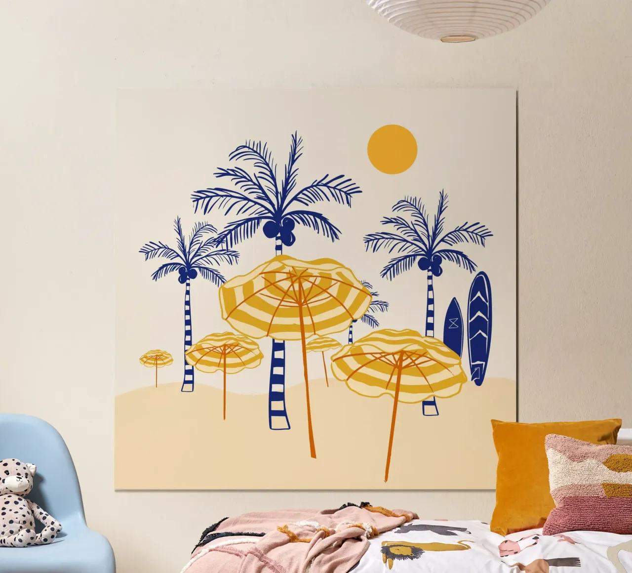 Retro Yellow Beach Vibes - Palmen, Sonnenschirme und Surfbretter Hahnemühle von EDMPROJECT