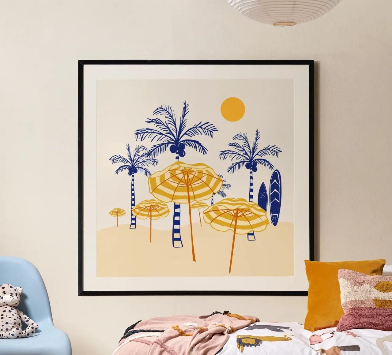 Retro Yellow Beach Vibes - Palmen, Sonnenschirme und Surfbretter Hahnemühle von EDMPROJECT
