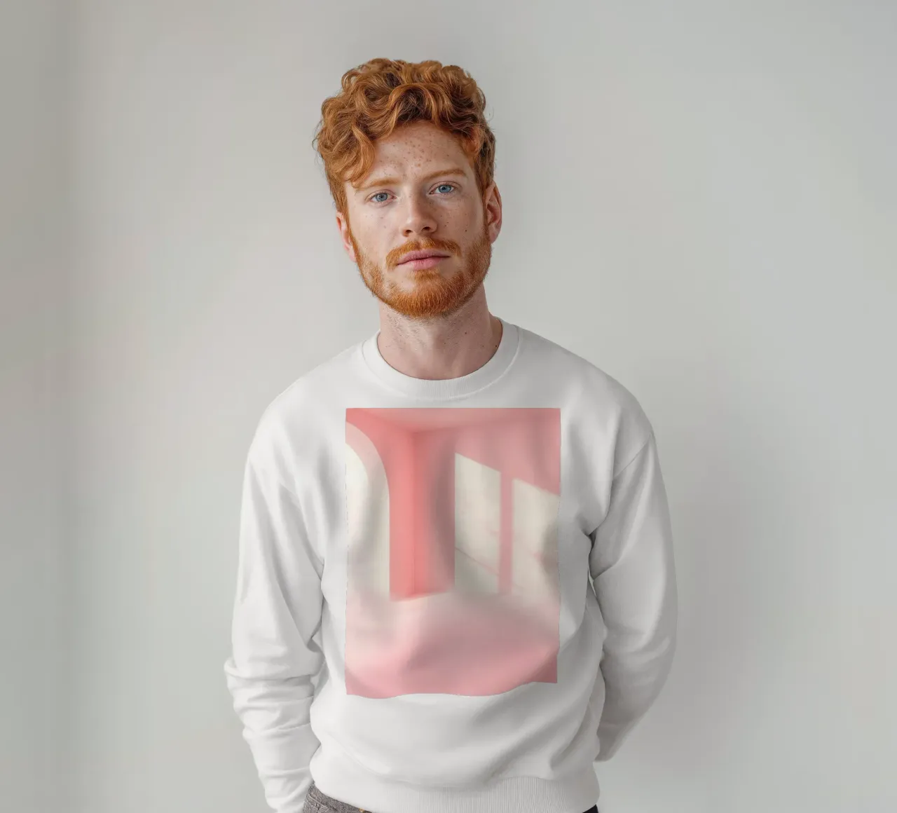 Zachtroze interieur met zonlicht dat schaduwen werpt in een dromerige sweatshirt van DesignDoodle