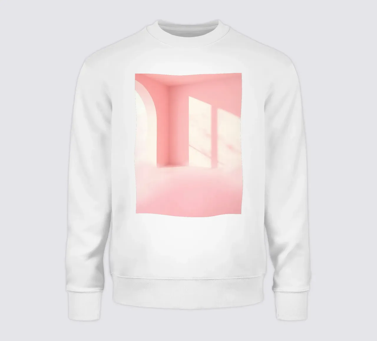 Zachtroze interieur met zonlicht dat schaduwen werpt in een dromerige sweatshirt van DesignDoodle