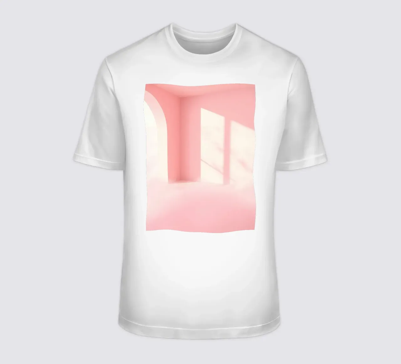 Zachtroze interieur met zonlicht dat schaduwen werpt in een dromerige t-shirt van DesignDoodle