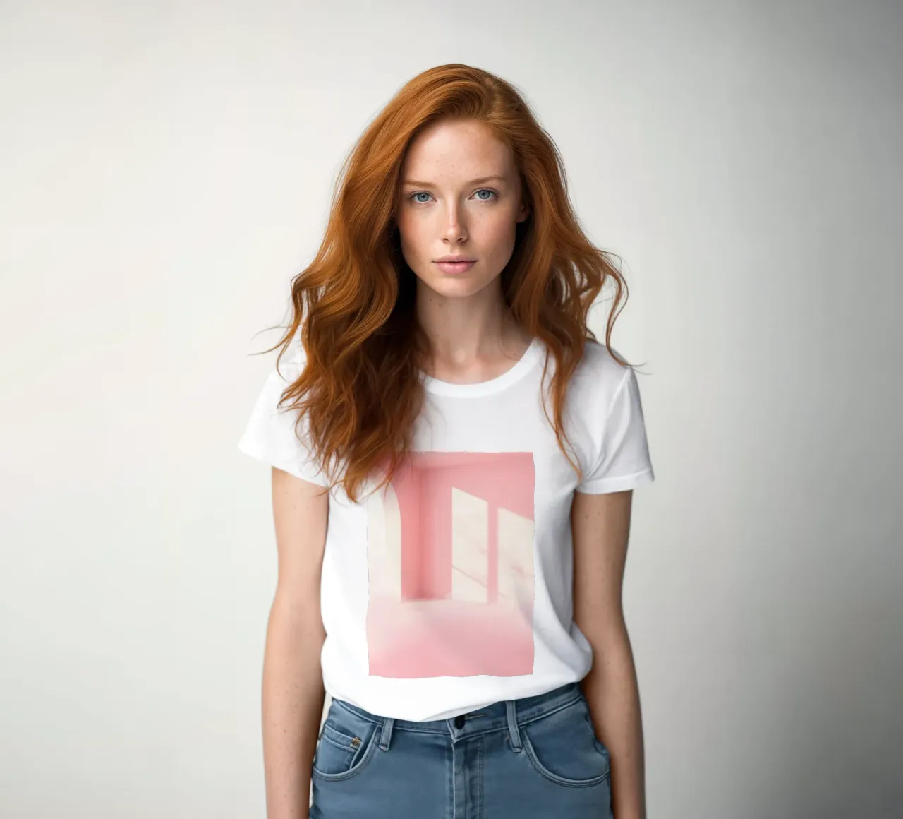 Zachtroze interieur met zonlicht dat schaduwen werpt in een dromerige dames t-shirt getailleerd van DesignDoodle