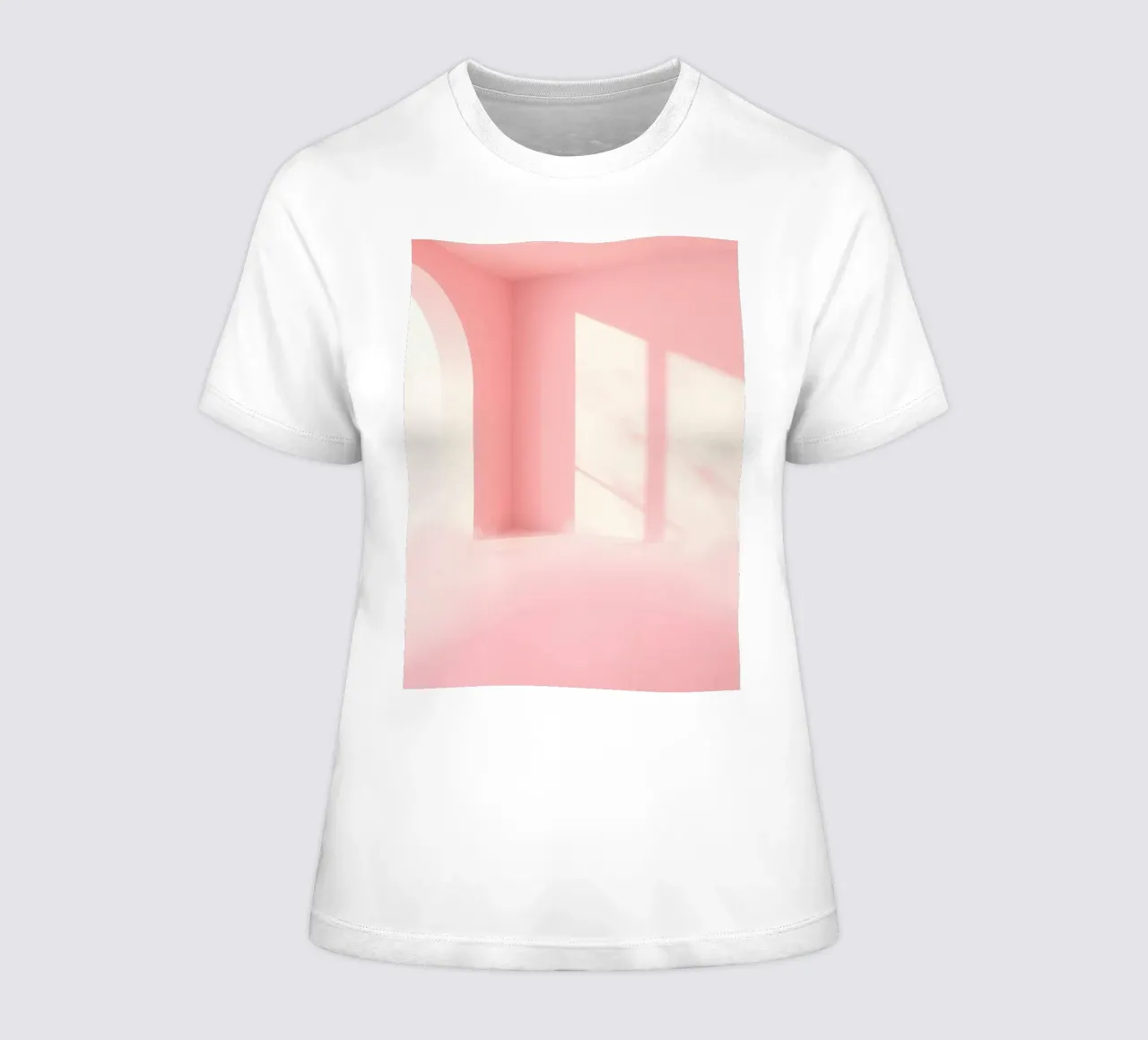 Zachtroze interieur met zonlicht dat schaduwen werpt in een dromerige dames t-shirt getailleerd van DesignDoodle