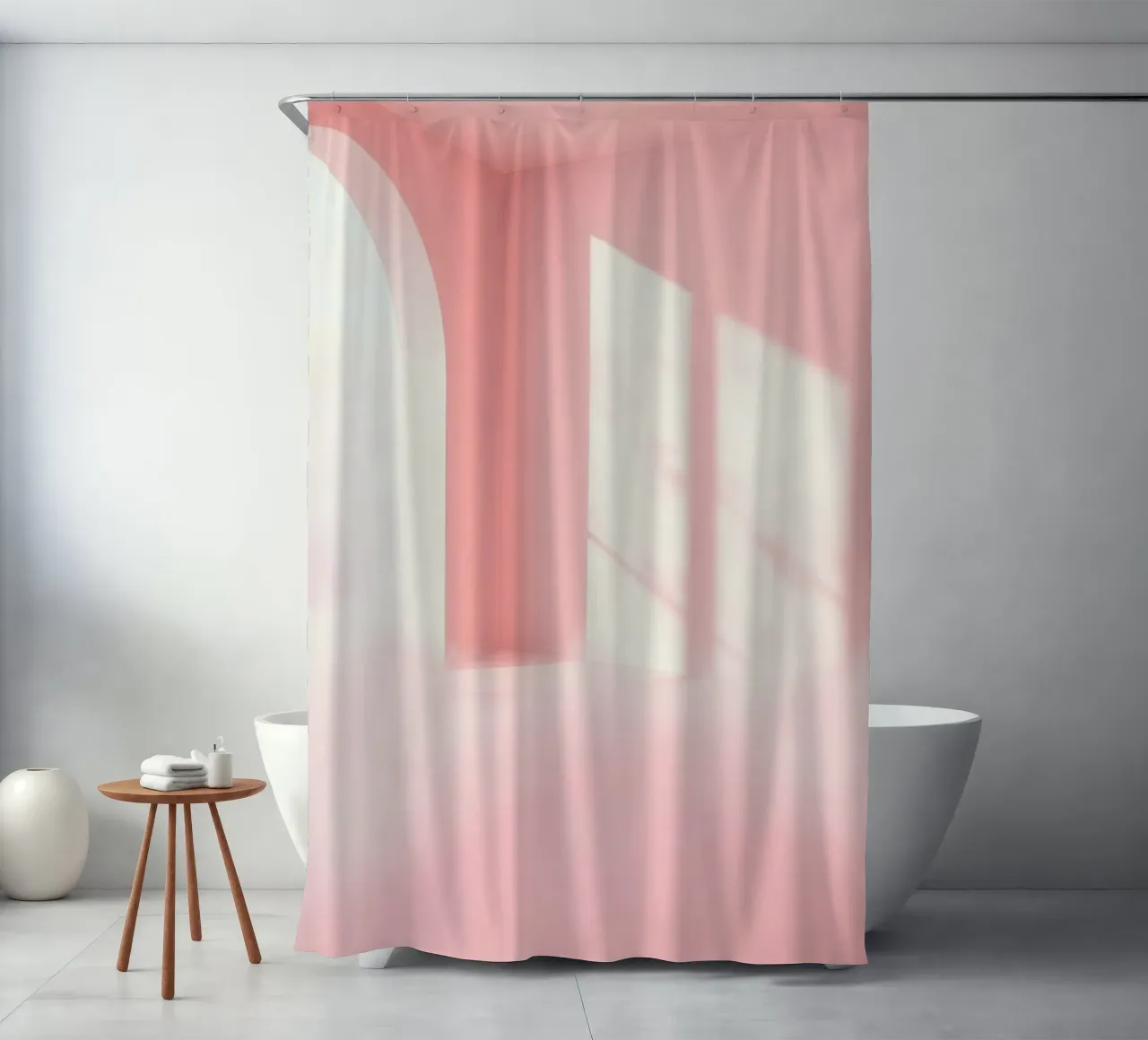 Zachtroze interieur met zonlicht dat schaduwen werpt in een dromerige douchegordijn van DesignDoodle