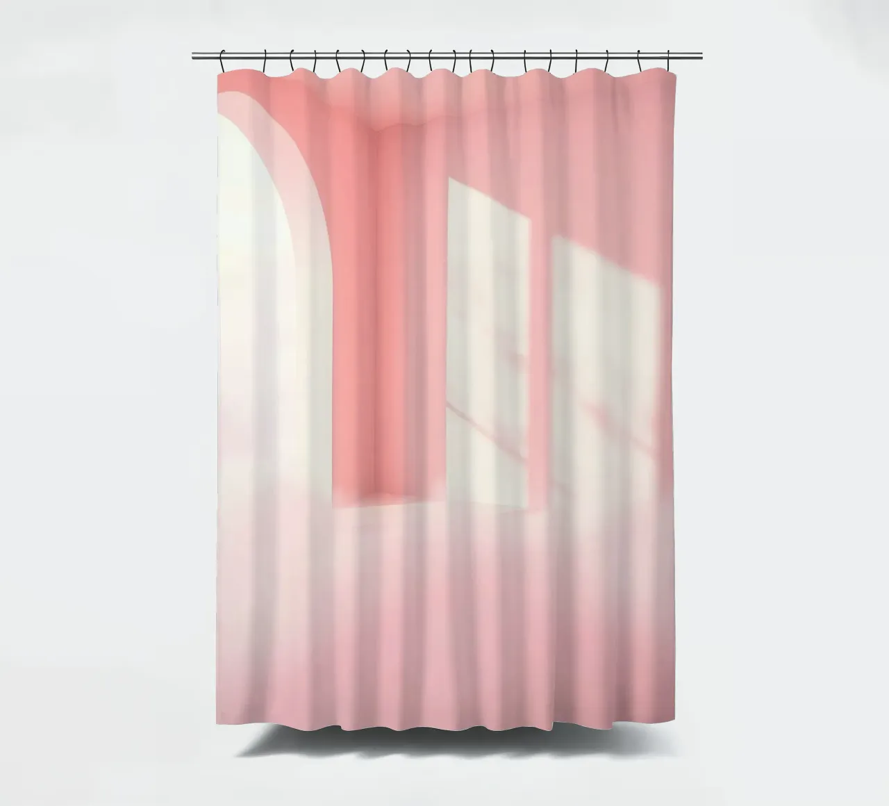 Zachtroze interieur met zonlicht dat schaduwen werpt in een dromerige douchegordijn van DesignDoodle