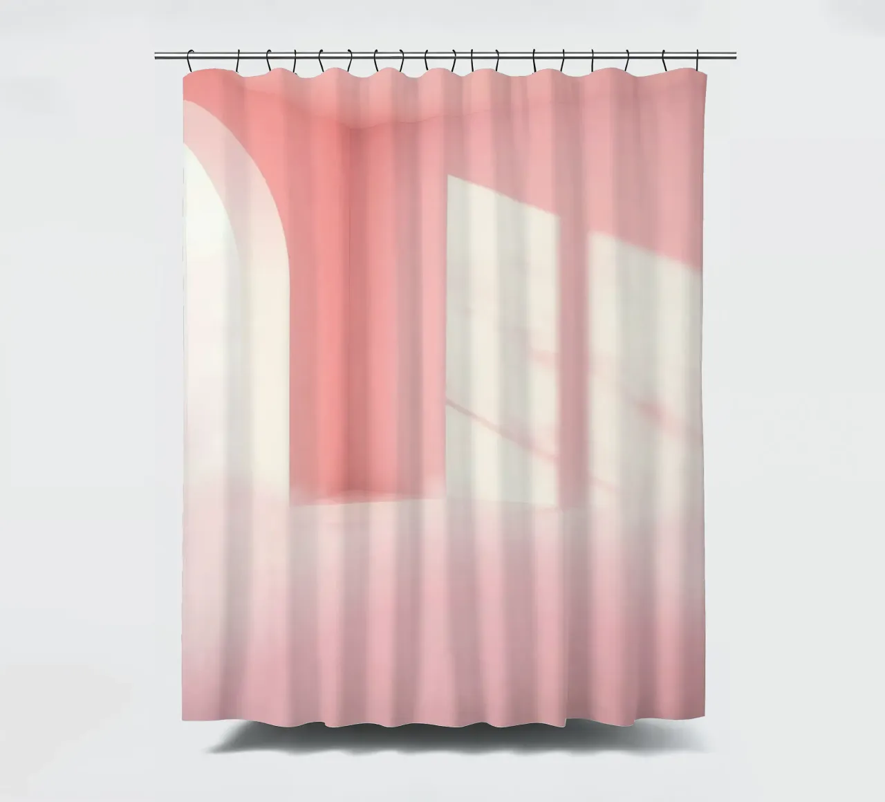 Zachtroze interieur met zonlicht dat schaduwen werpt in een dromerige douchegordijn van DesignDoodle