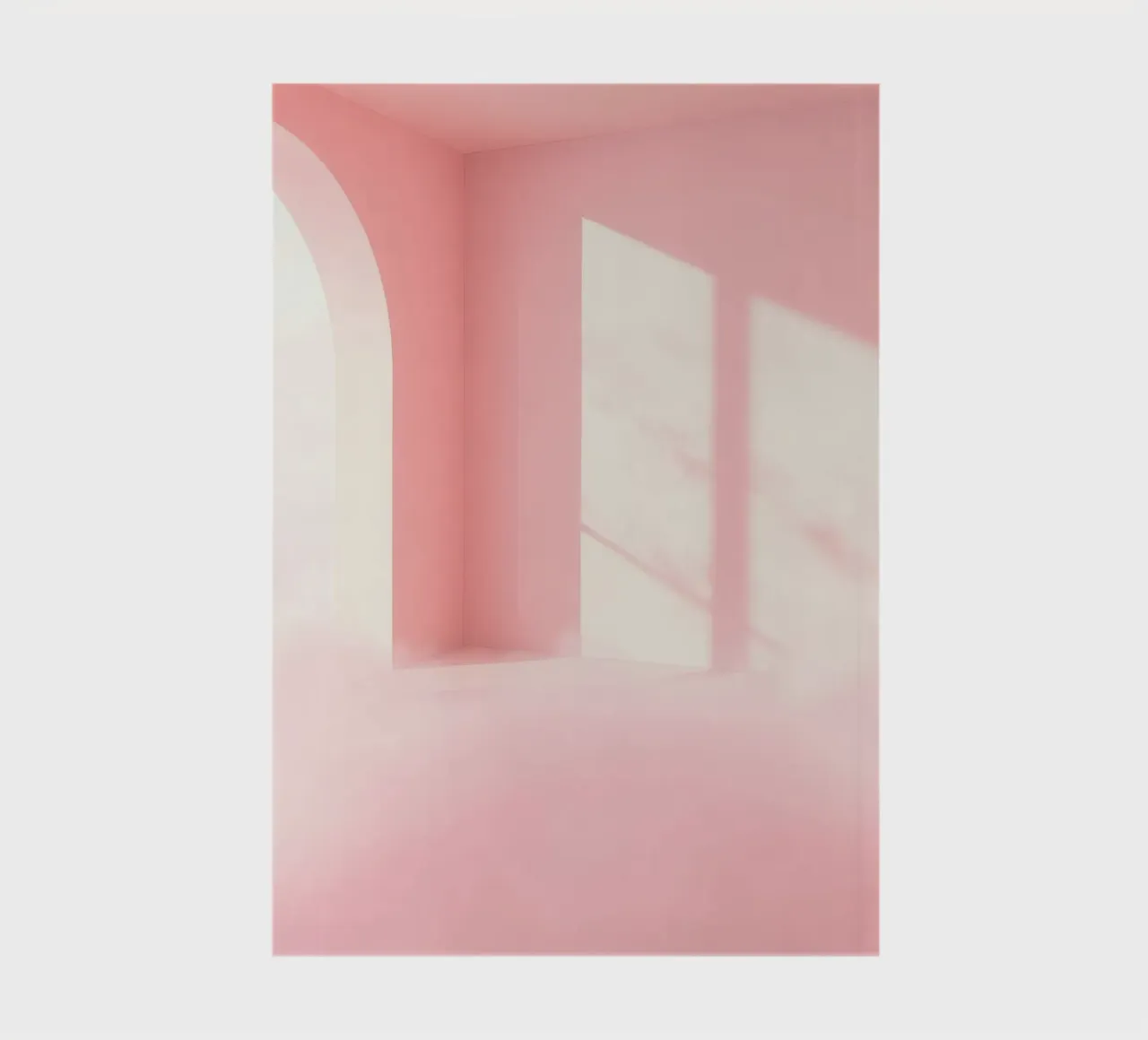 Zachtroze interieur met zonlicht dat schaduwen werpt in een dromerige notitieboek van DesignDoodle