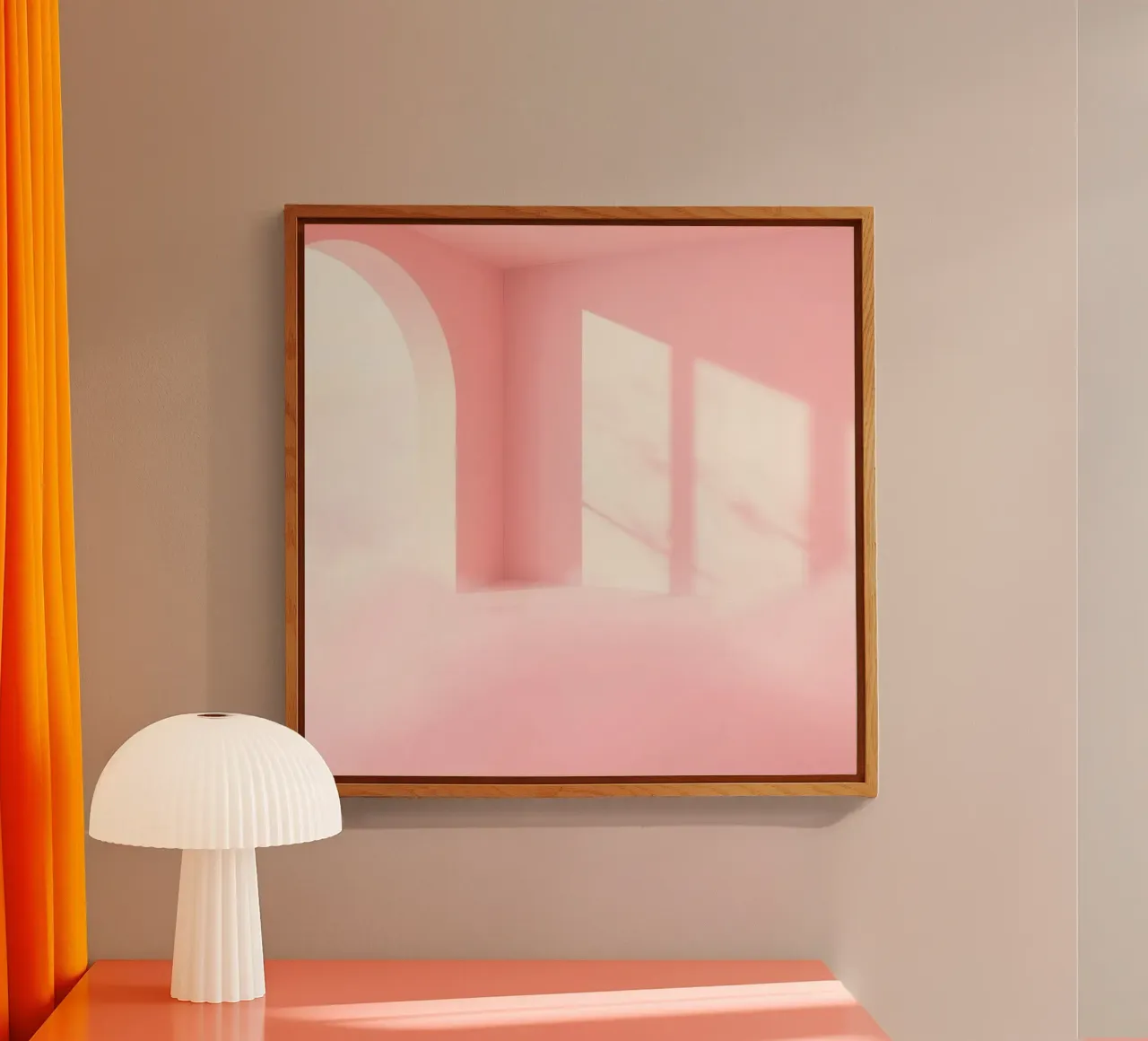 Zachtroze interieur met zonlicht dat schaduwen werpt in een dromerige acryl van DesignDoodle