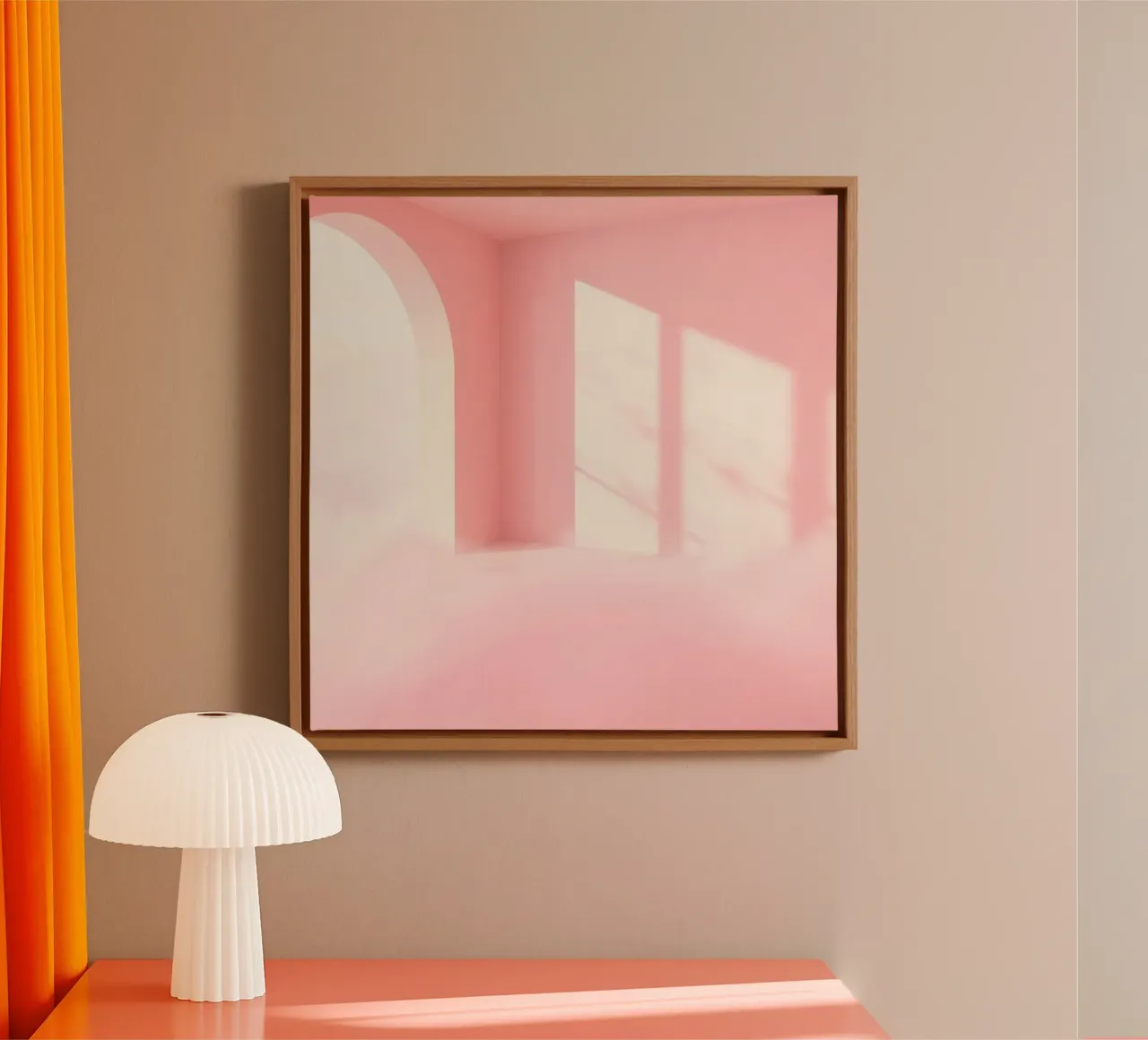 Zachtroze interieur met zonlicht dat schaduwen werpt in een dromerige canvas van DesignDoodle