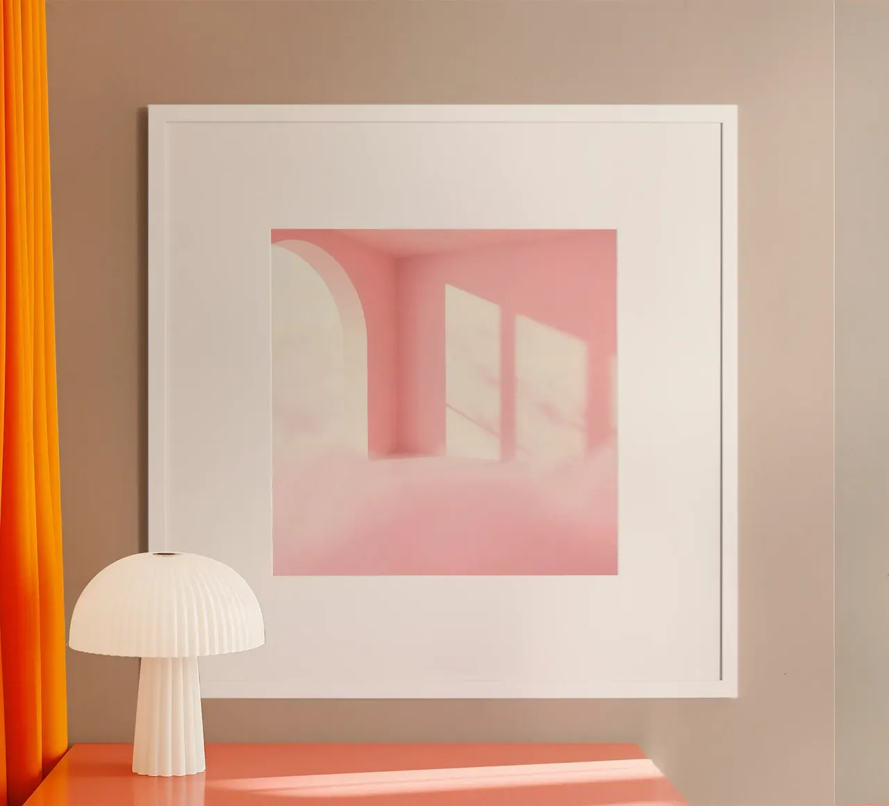 Interni rosa tenue con la luce del sole che proietta ombre in un'atmosfera da sogno. carta hahnemühle da DesignDoodle