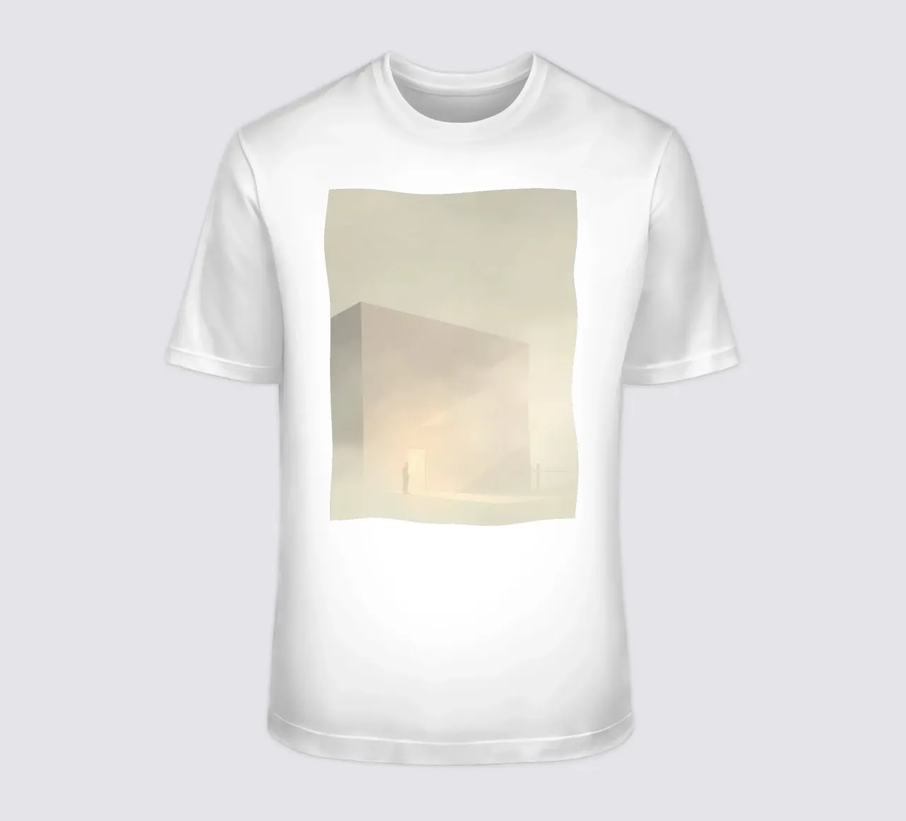 l'uomo si trova davanti a una porta luminosa in un paesaggio nebbioso t-shirt da DesignDoodle