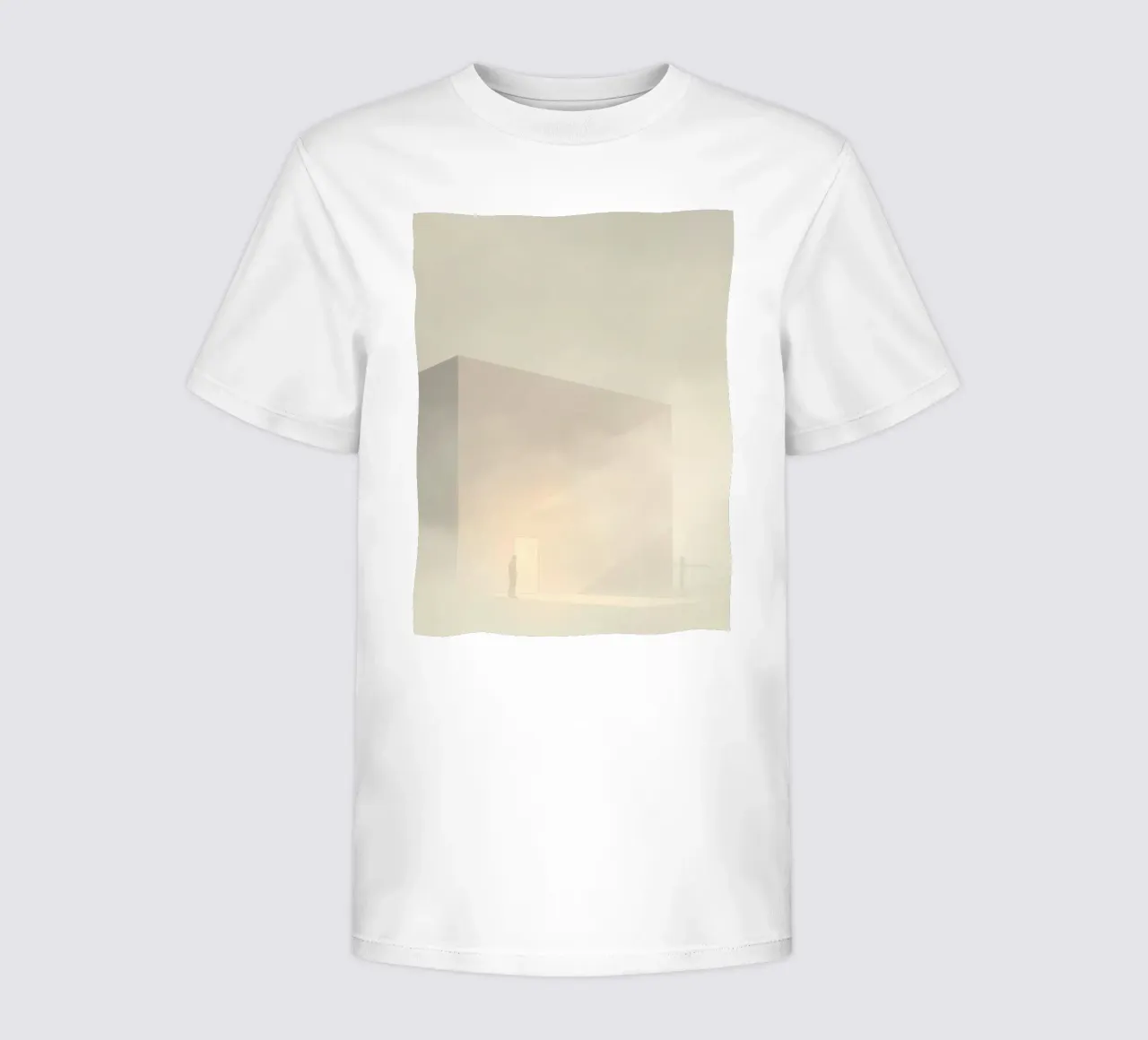 man stands before a bright doorway in a foggy landscape kids t-shirt by DesignDoodle