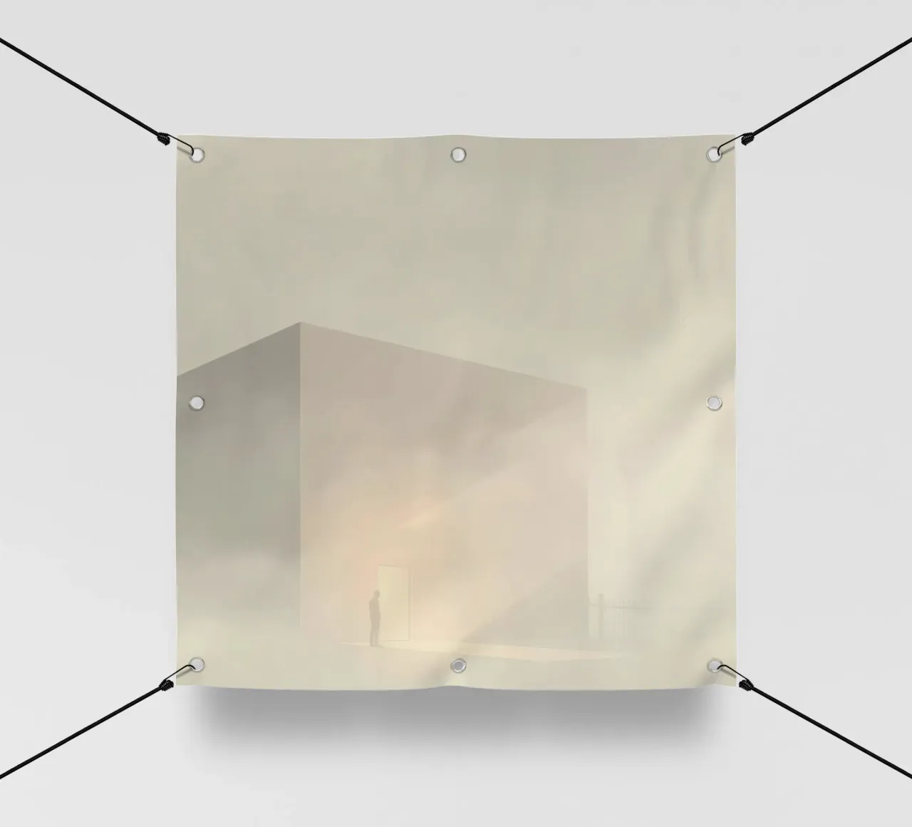l'uomo si trova davanti a una porta luminosa in un paesaggio nebbioso telo in pvc da DesignDoodle