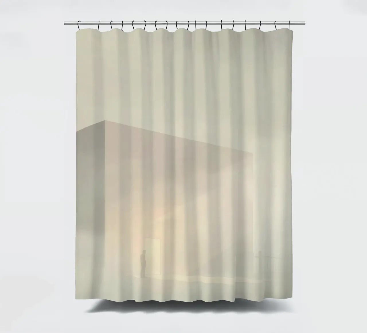 l'uomo si trova davanti a una porta luminosa in un paesaggio nebbioso tenda da doccia da DesignDoodle