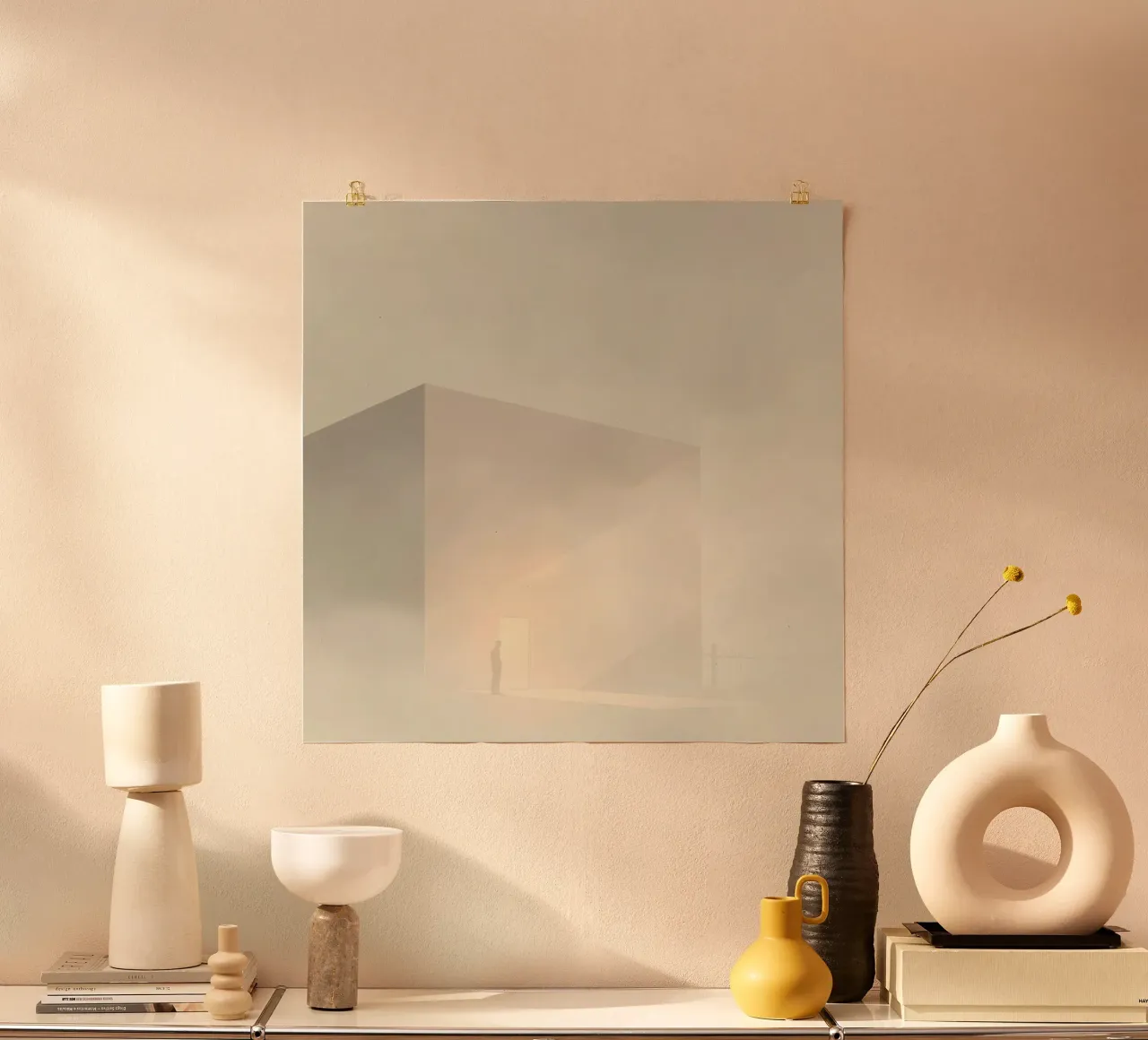 l'uomo si trova davanti a una porta luminosa in un paesaggio nebbioso poster da DesignDoodle