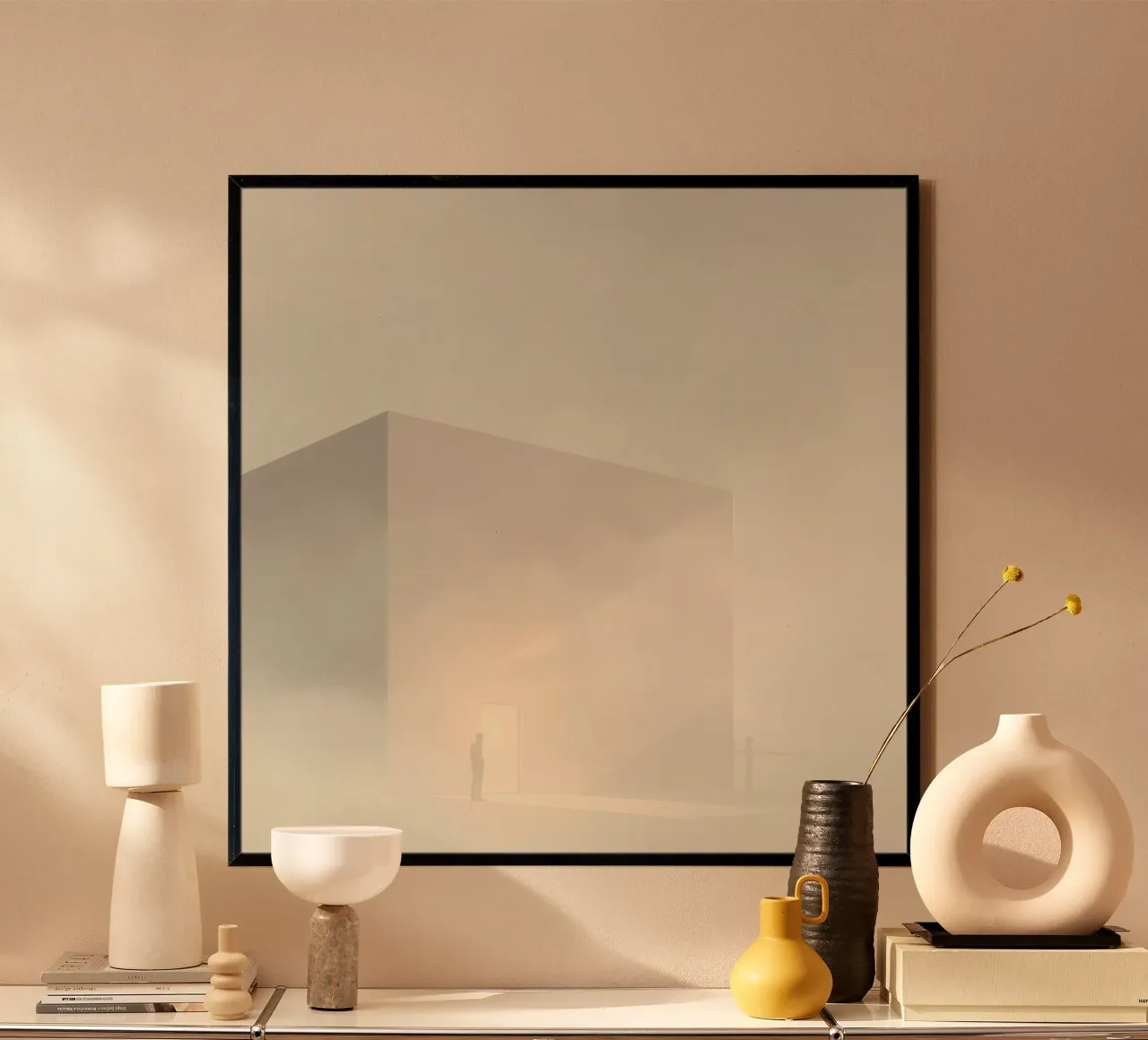 l'uomo si trova davanti a una porta luminosa in un paesaggio nebbioso poster da DesignDoodle