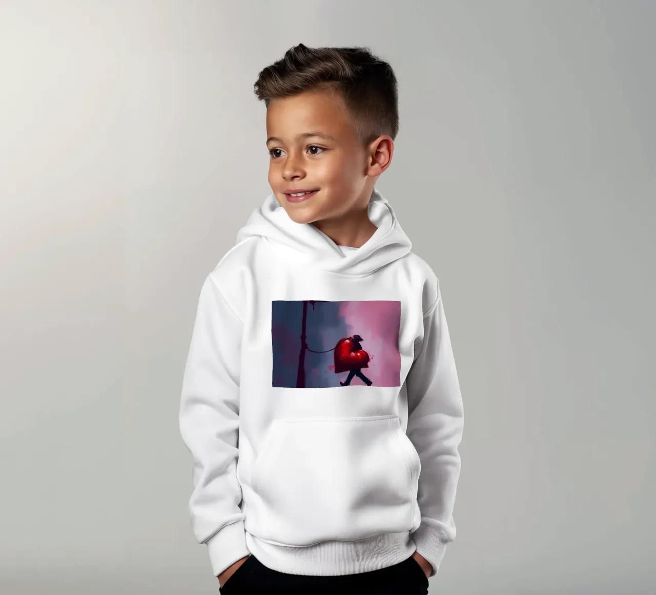 Un uomo porta con sé un cuore sovradimensionato mentre cammina da solo felpa bambino con cappuccio da DesignDoodle