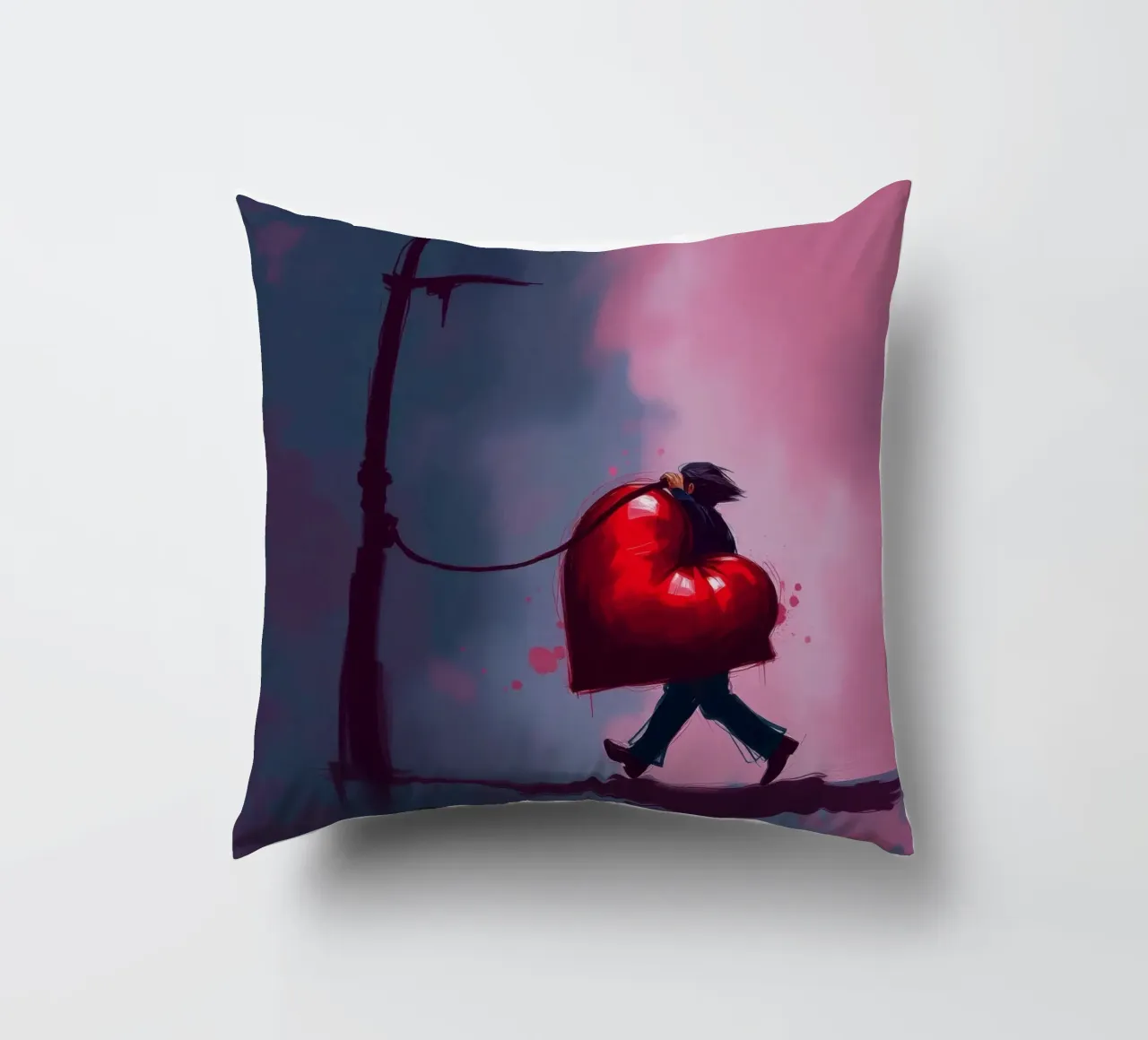 Un uomo porta con sé un cuore sovradimensionato mentre cammina da solo cuscino da DesignDoodle