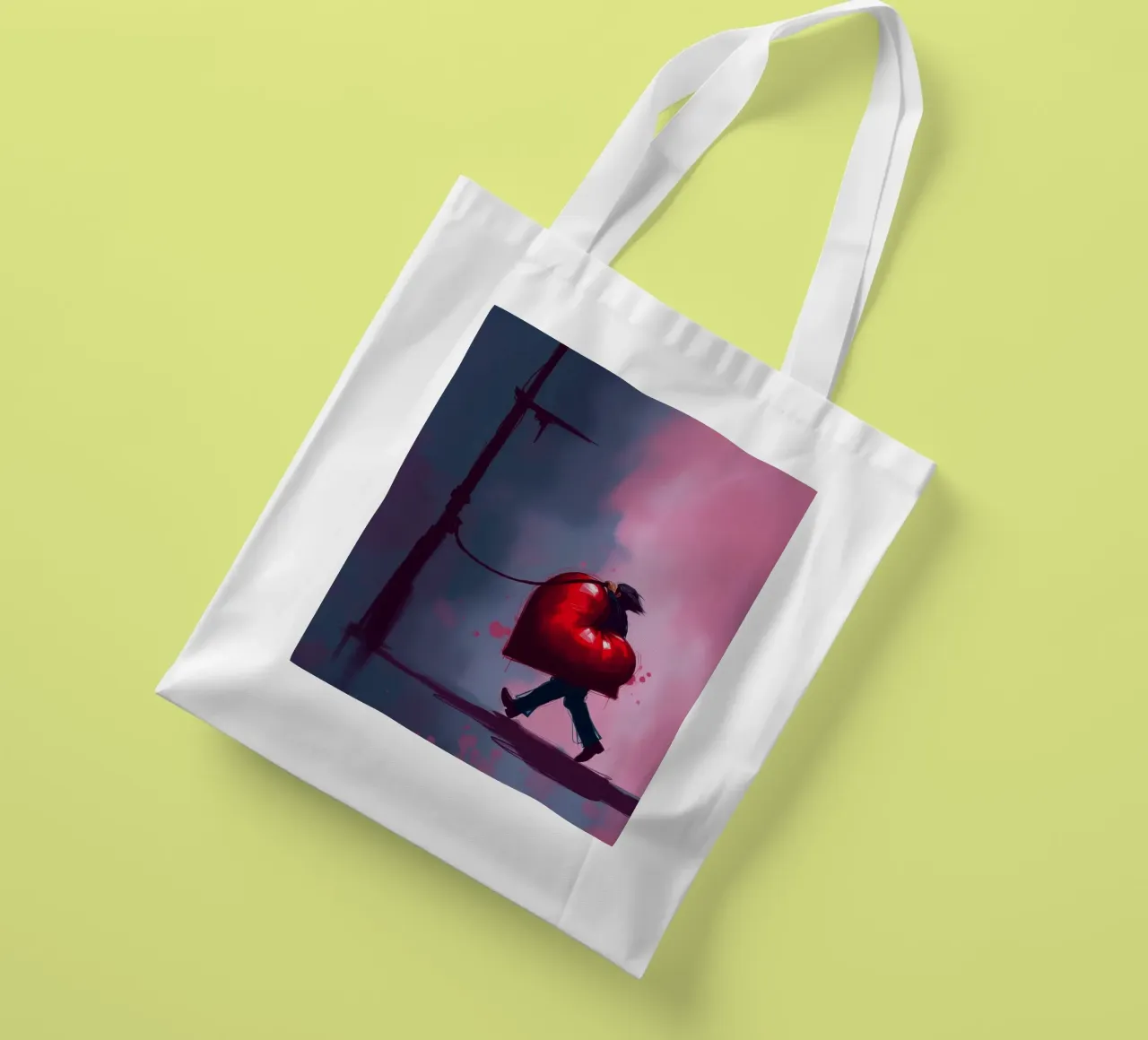 Un uomo porta con sé un cuore sovradimensionato mentre cammina da solo borsa in juta da DesignDoodle