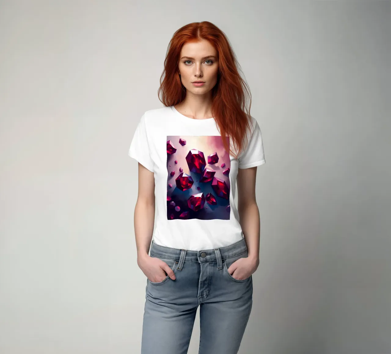 Shimmering red crystals scattered on a colorful background w t-shirt by DesignDoodle