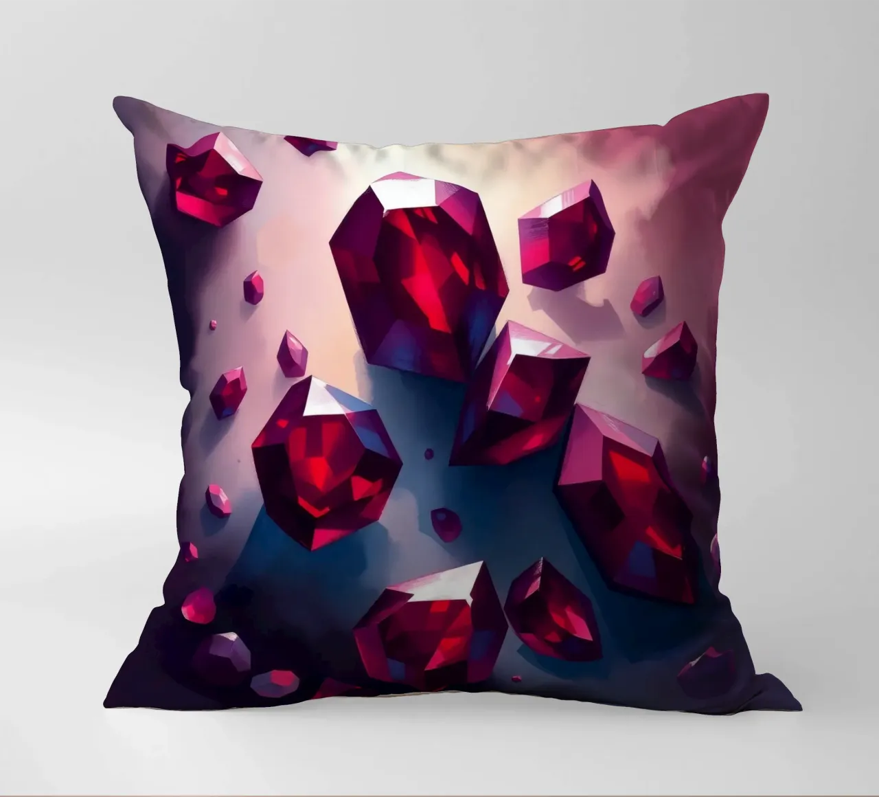 Cristalli rossi scintillanti sparsi su uno sfondo variopinto con cuscino da DesignDoodle