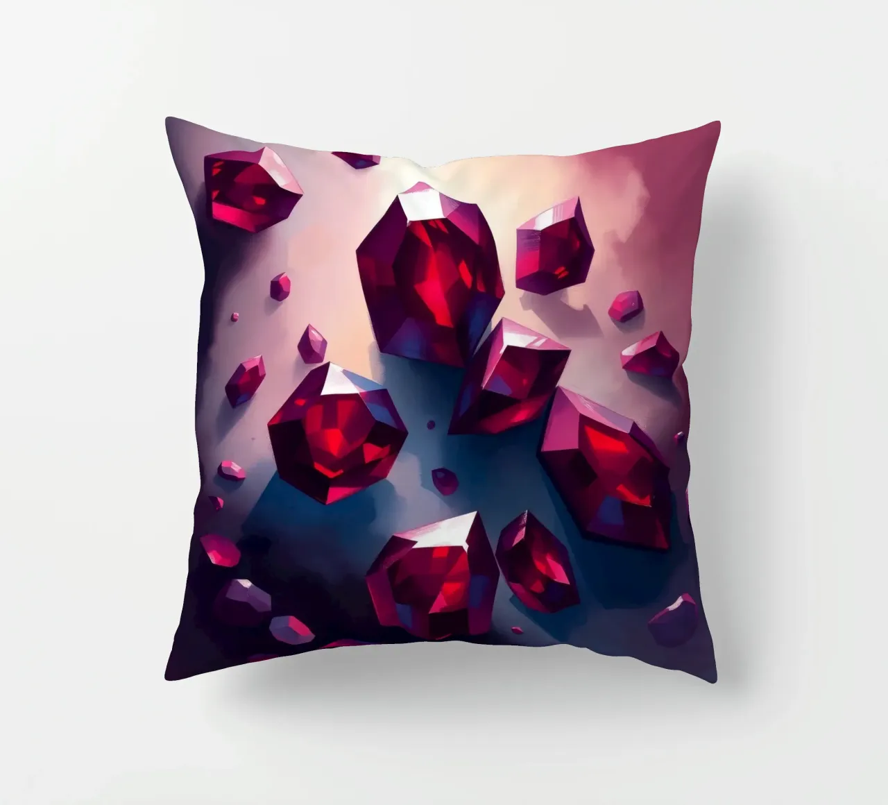 Cristalli rossi scintillanti sparsi su uno sfondo variopinto con cuscino da DesignDoodle