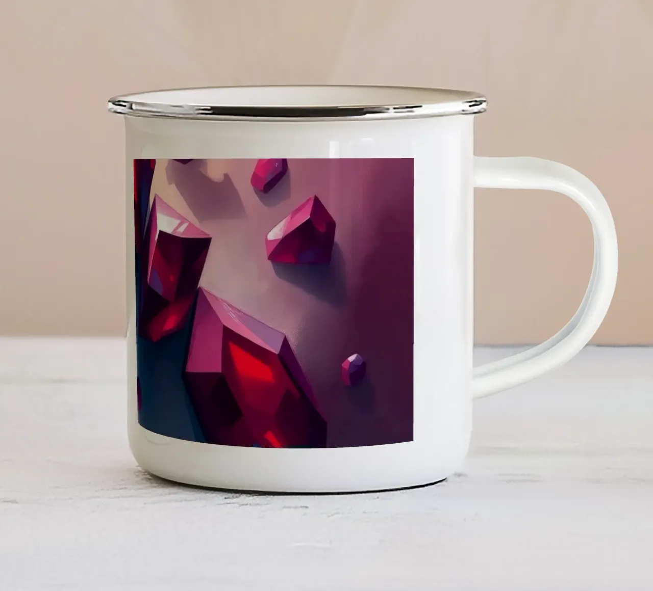 Cristalli rossi scintillanti sparsi su uno sfondo variopinto con tazza in smalto da DesignDoodle