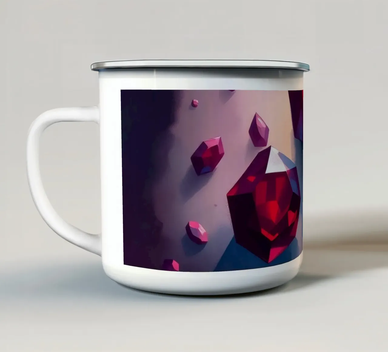 Cristalli rossi scintillanti sparsi su uno sfondo variopinto con tazza in smalto da DesignDoodle