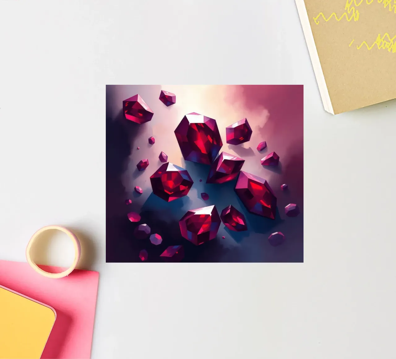 Shimmering red crystals scattered on a colorful background w sticker by DesignDoodle