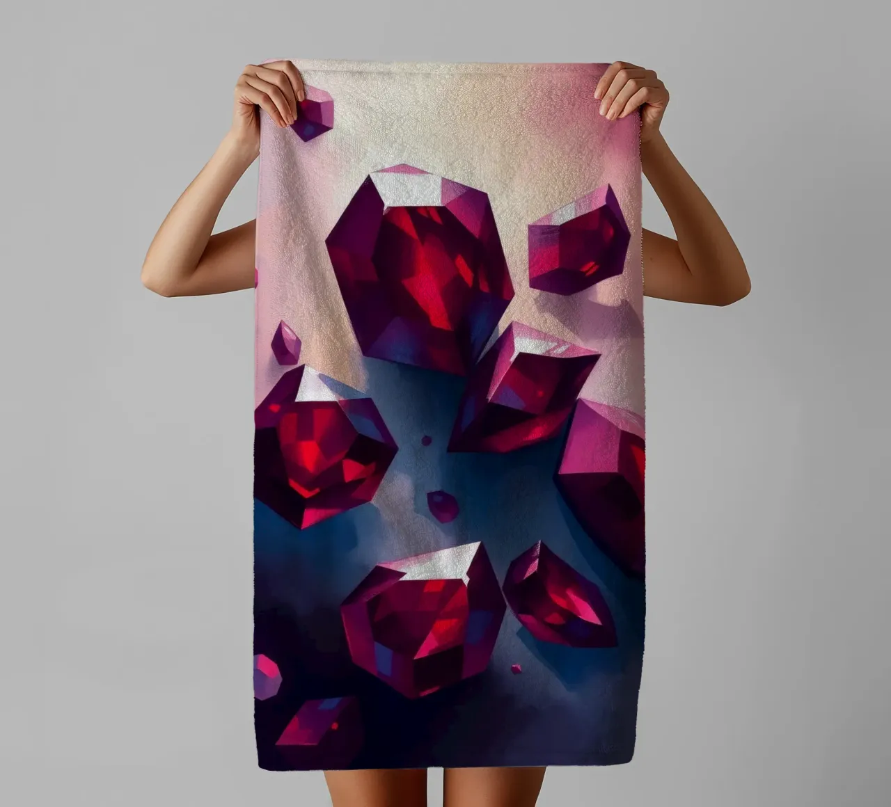 Shimmering red crystals scattered on a colorful background w towel by DesignDoodle