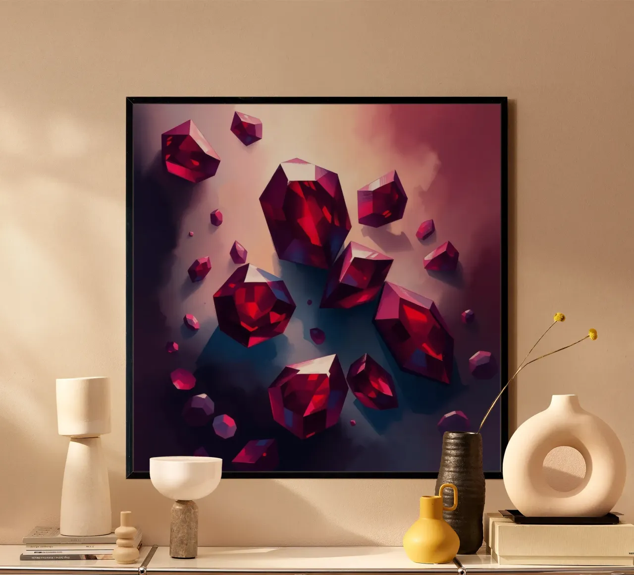 Shimmering red crystals scattered on a colorful background w hahnemühle by DesignDoodle