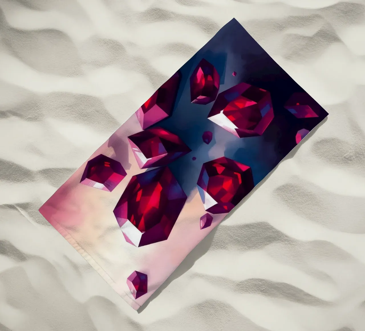 Shimmering red crystals scattered on a colorful background w beach towel by DesignDoodle