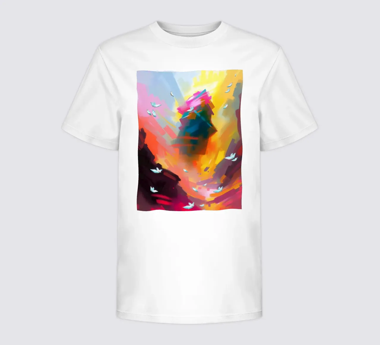 abstract landscape with flying birds and towering structure kids t-shirt by DesignDoodle