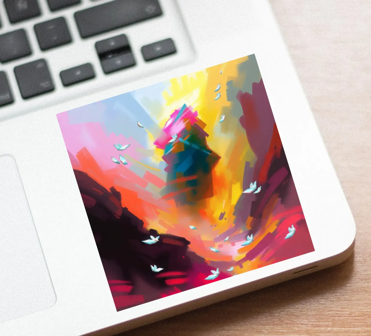abstract landscape with flying birds and towering structure sticker by DesignDoodle