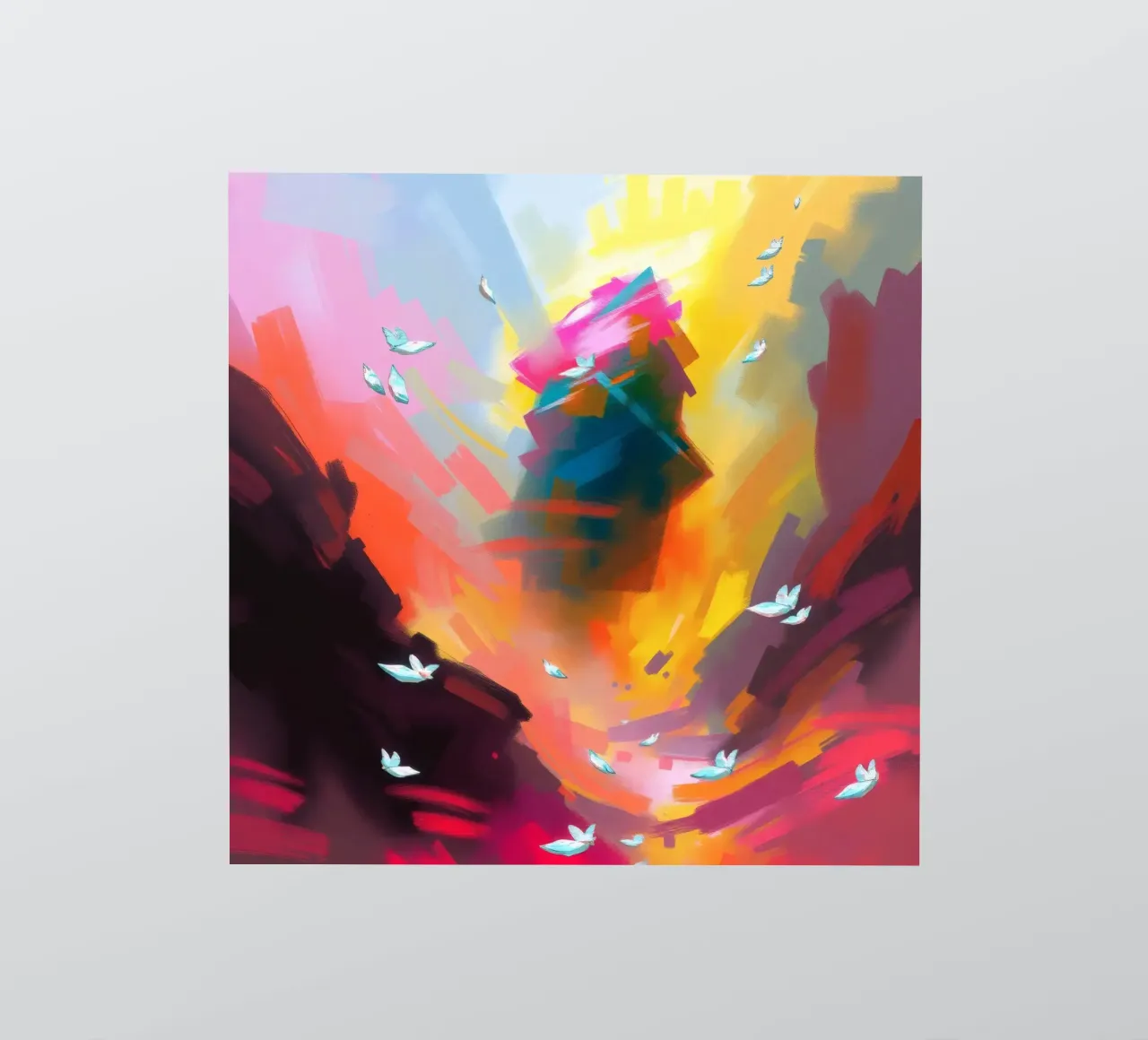 abstract landscape with flying birds and towering structure sticker by DesignDoodle