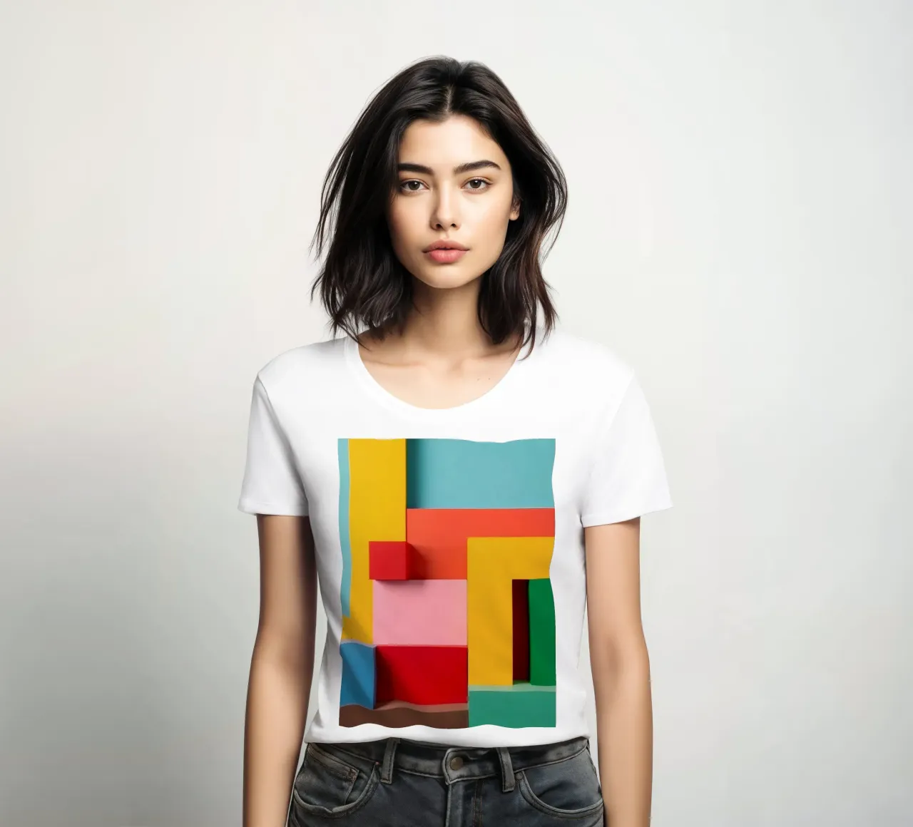Bright colored geometric shapes create an abstract wall art women's fitted t-shirt by DesignDoodle
