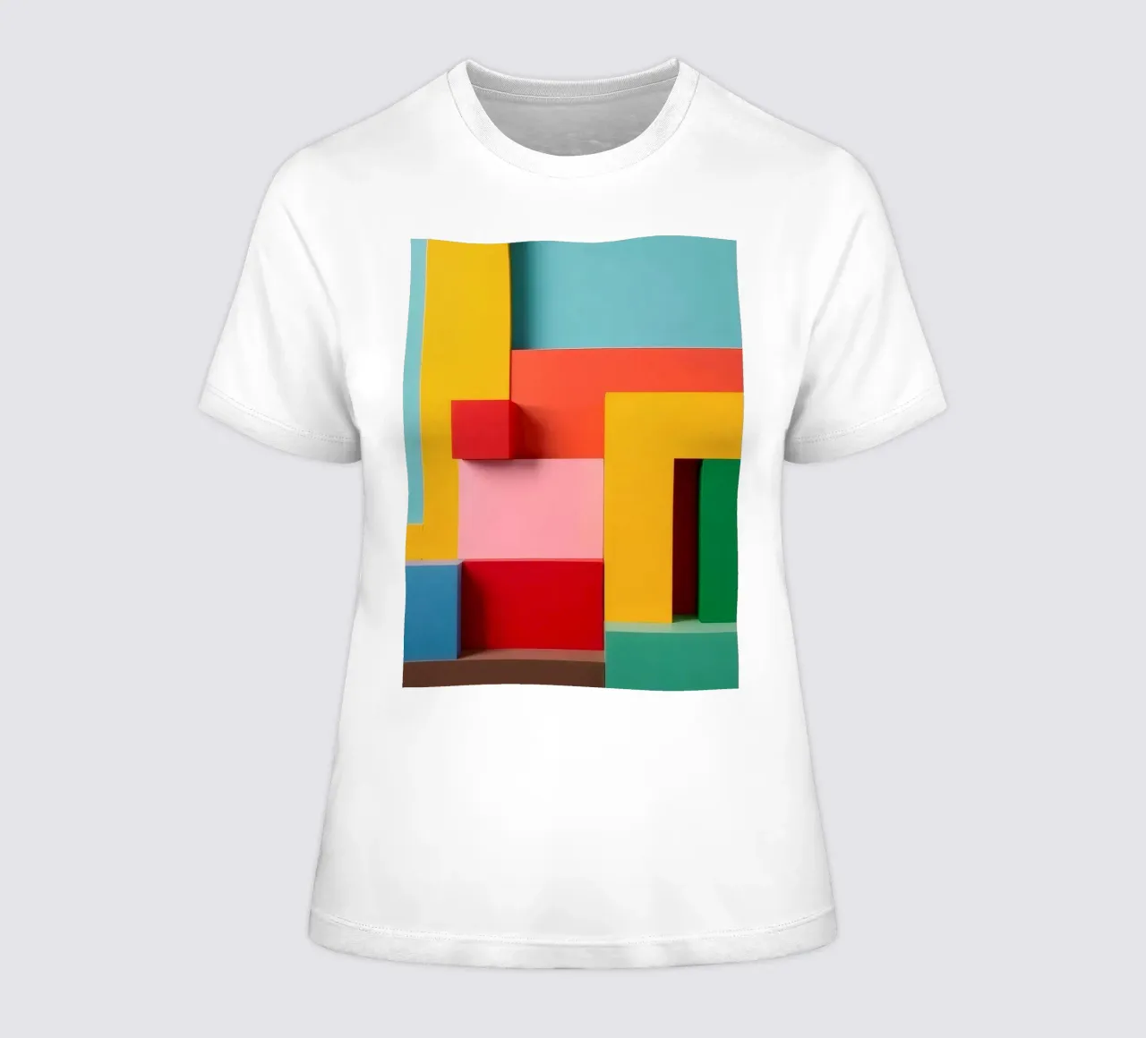 Bright colored geometric shapes create an abstract wall art women's fitted t-shirt by DesignDoodle