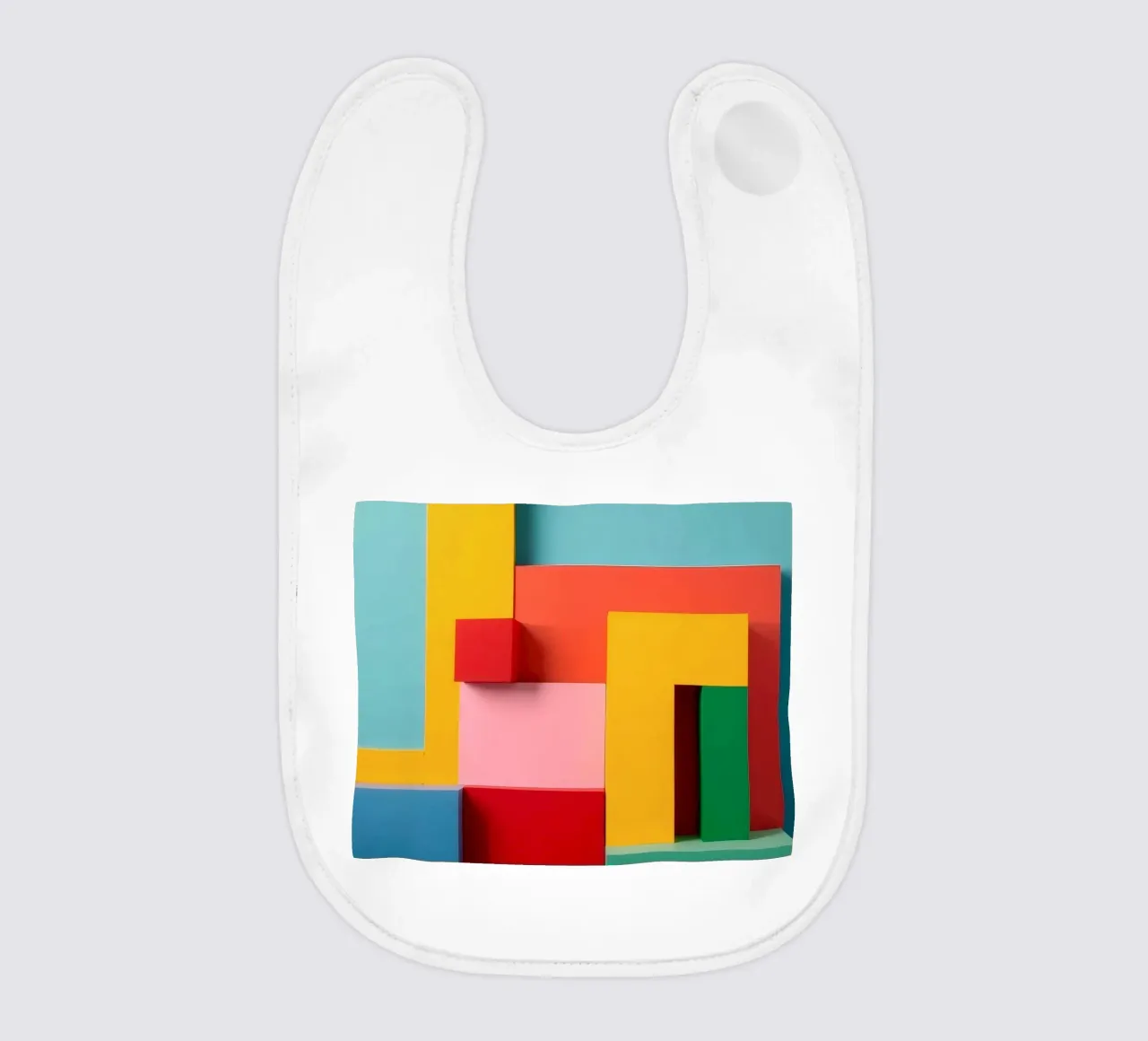 Bright colored geometric shapes create an abstract wall art baby bib by DesignDoodle