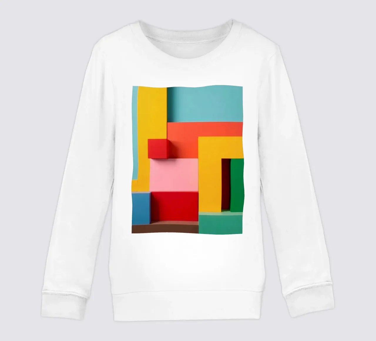 Bright colored geometric shapes create an abstract wall art kids sweatshirt by DesignDoodle