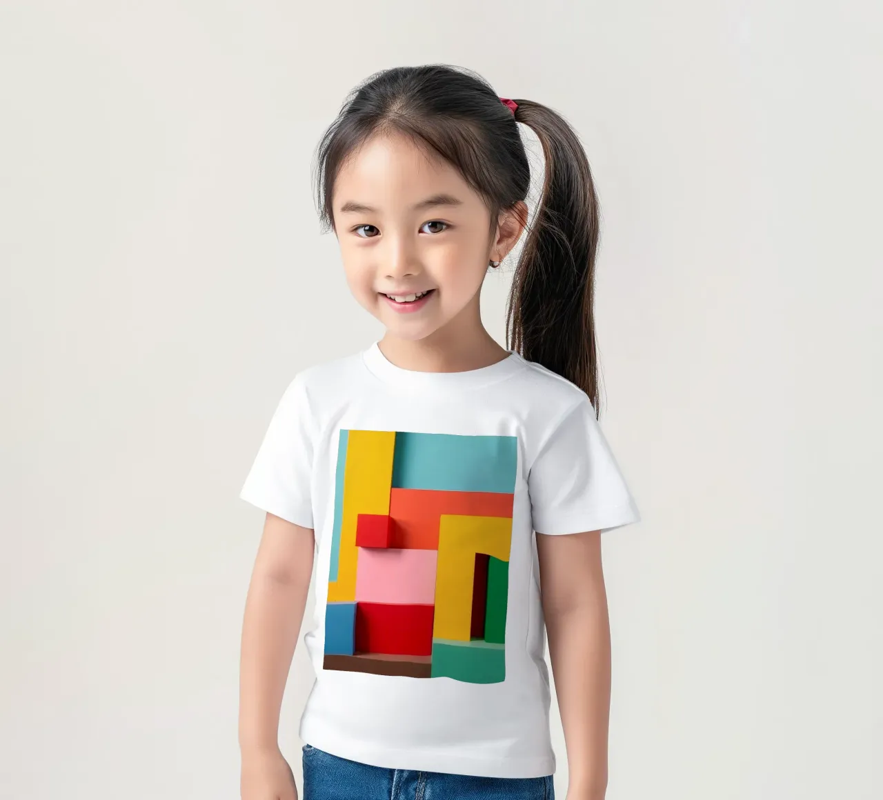Bright colored geometric shapes create an abstract wall art kids t-shirt by DesignDoodle