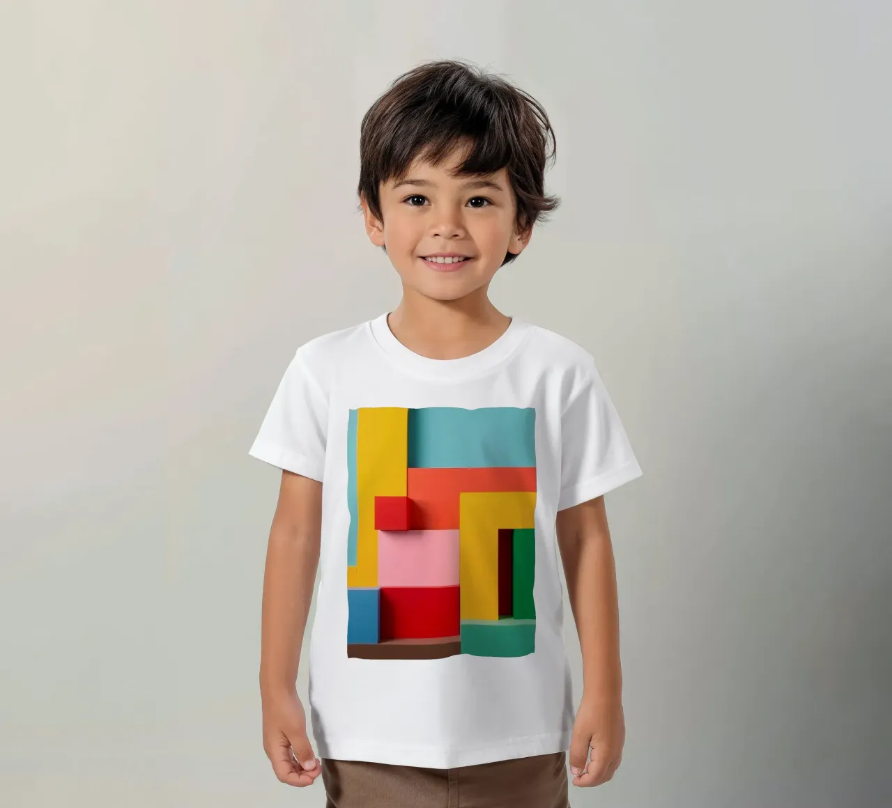 Bright colored geometric shapes create an abstract wall art kids t-shirt by DesignDoodle