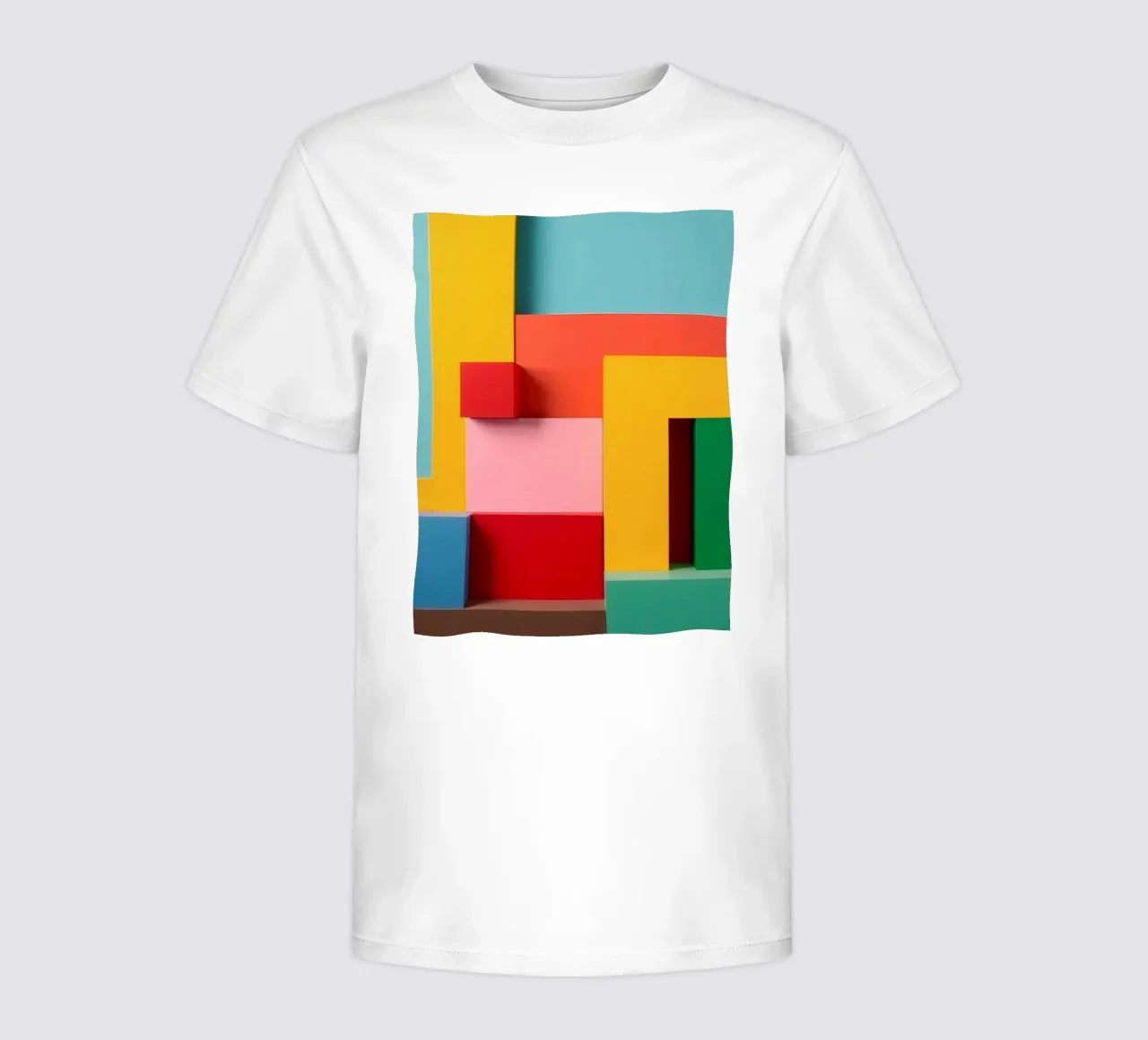 Bright colored geometric shapes create an abstract wall art kids t-shirt by DesignDoodle