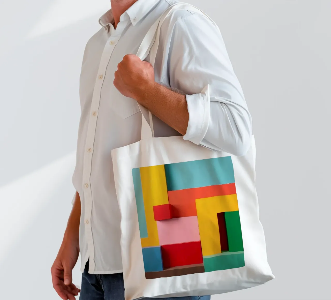 Bright colored geometric shapes create an abstract wall art tote bag by DesignDoodle