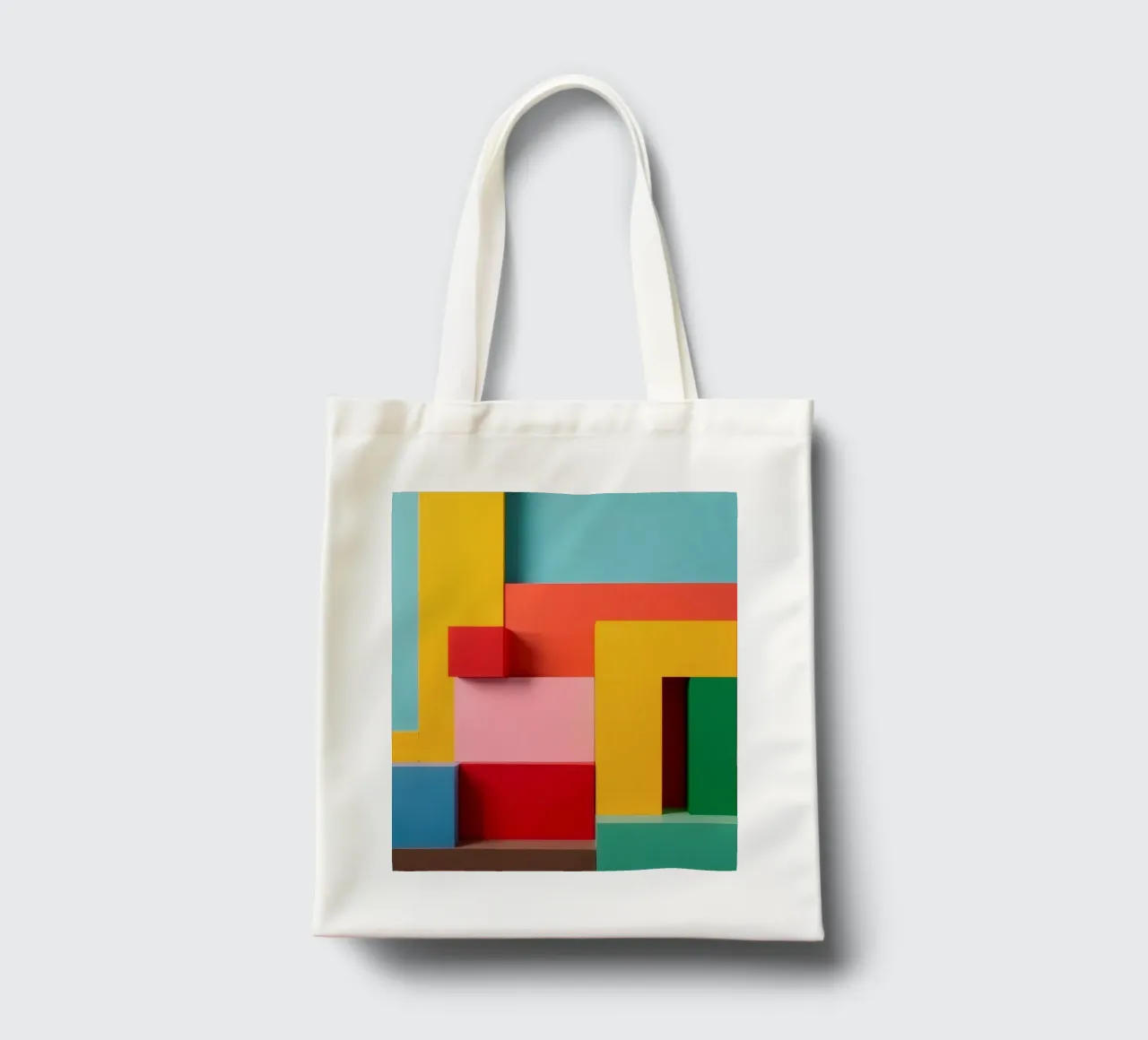 Bright colored geometric shapes create an abstract wall art tote bag by DesignDoodle