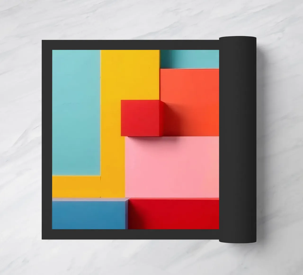 Bright colored geometric shapes create an abstract wall art doormat by DesignDoodle