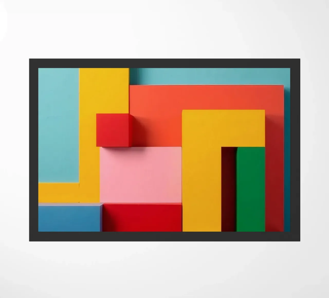 Bright colored geometric shapes create an abstract wall art doormat by DesignDoodle