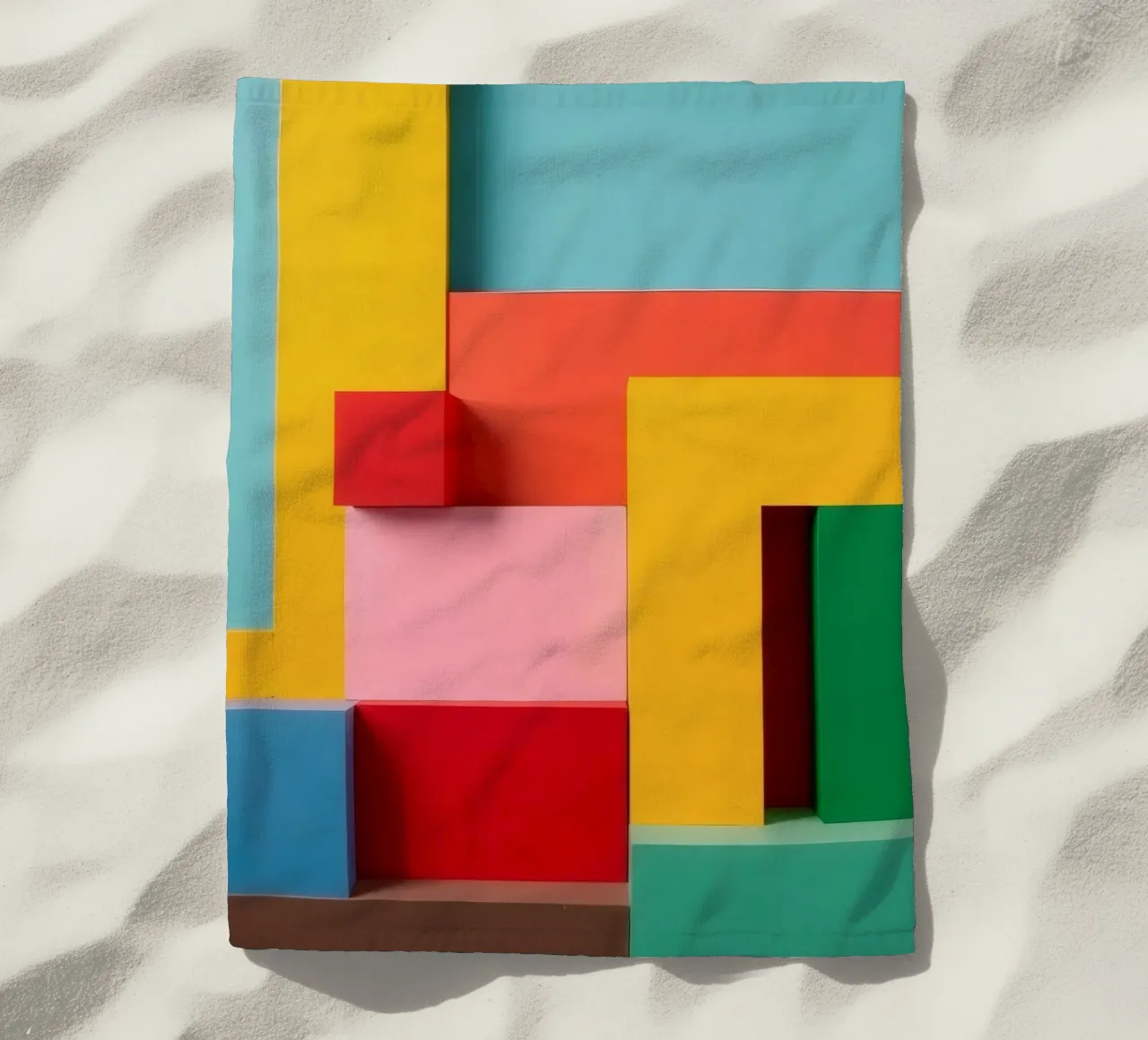 Bright colored geometric shapes create an abstract wall art beach towel by DesignDoodle